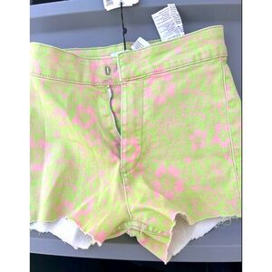 NWT ZARA Printed Shorts Green & Pink with frayed leg bottoms Sz 4